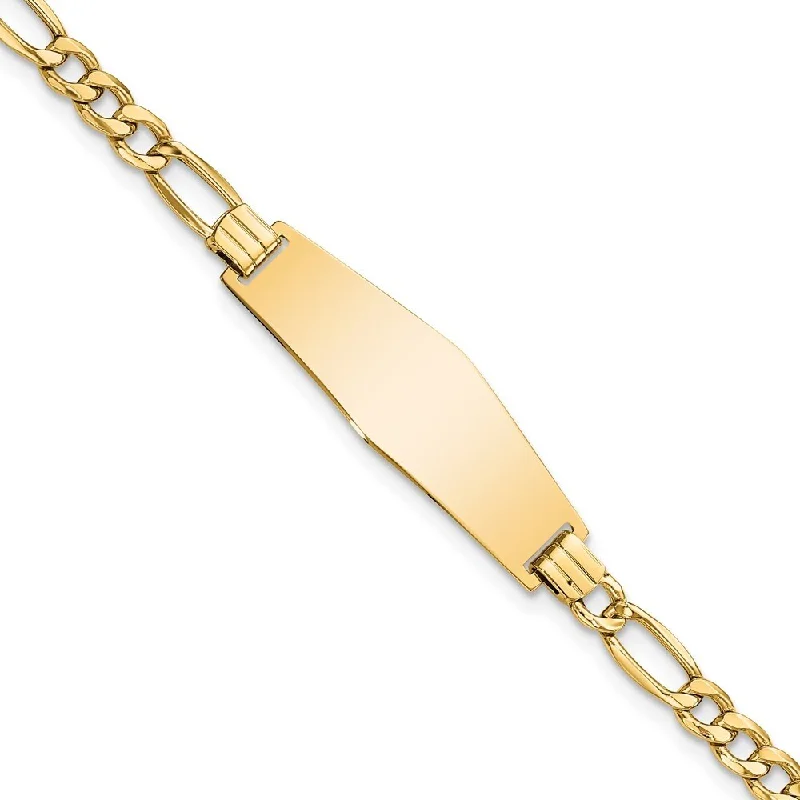 Women’s luxury bracelets-14k Yellow Gold 9.5mm Semi-solid Soft Diamond Shape Figaro Link ID Bracelet, 7"