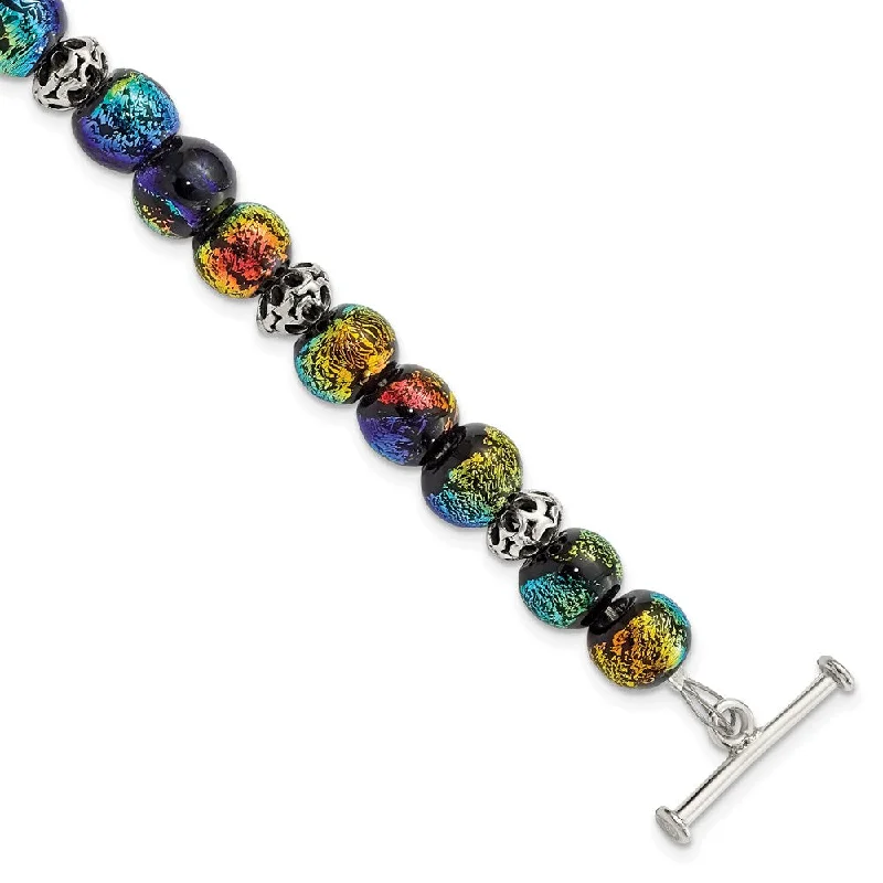 Women’s leather bracelets-Sterling Silver Dichroic Glass Beaded 8in Toggle Bracelet-WBC-QG2746-8