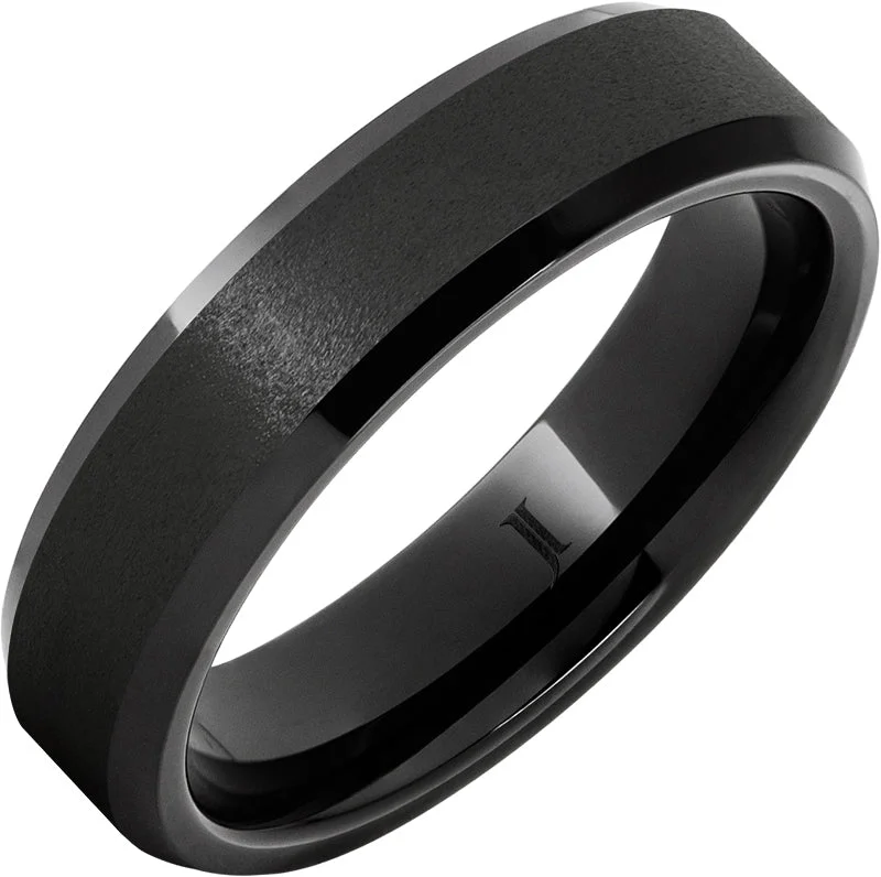 Women’s wedding anniversary rings-Black Diamond Ceramic™ Ring with Stone Finish Center and Beveled Edges