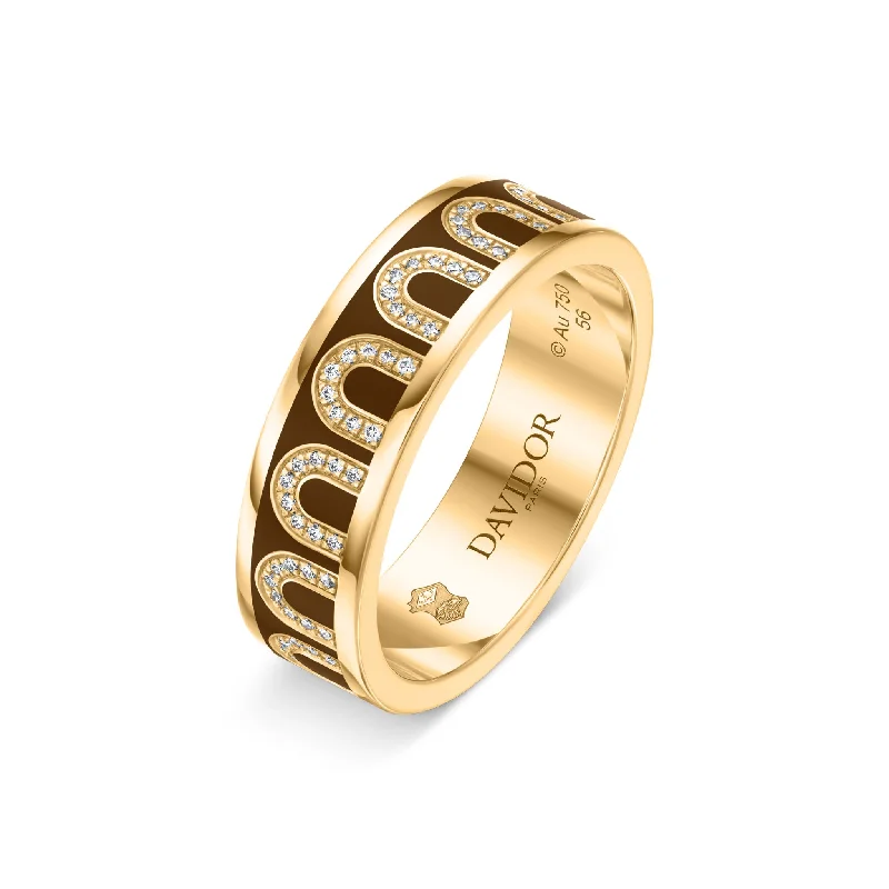 Women’s gold stackable rings-L'Arc de DAVIDOR Ring MM, 18k Yellow Gold with Cognac Lacquered Ceramic and Arcade Diamonds