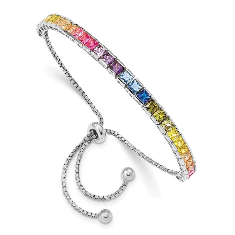 Women’s designer bracelets-925 Sterling Silver Rhodium-plated 4mm Channel-Set Colorful Cubic Zirconia Adjustable Bolo Bracelet