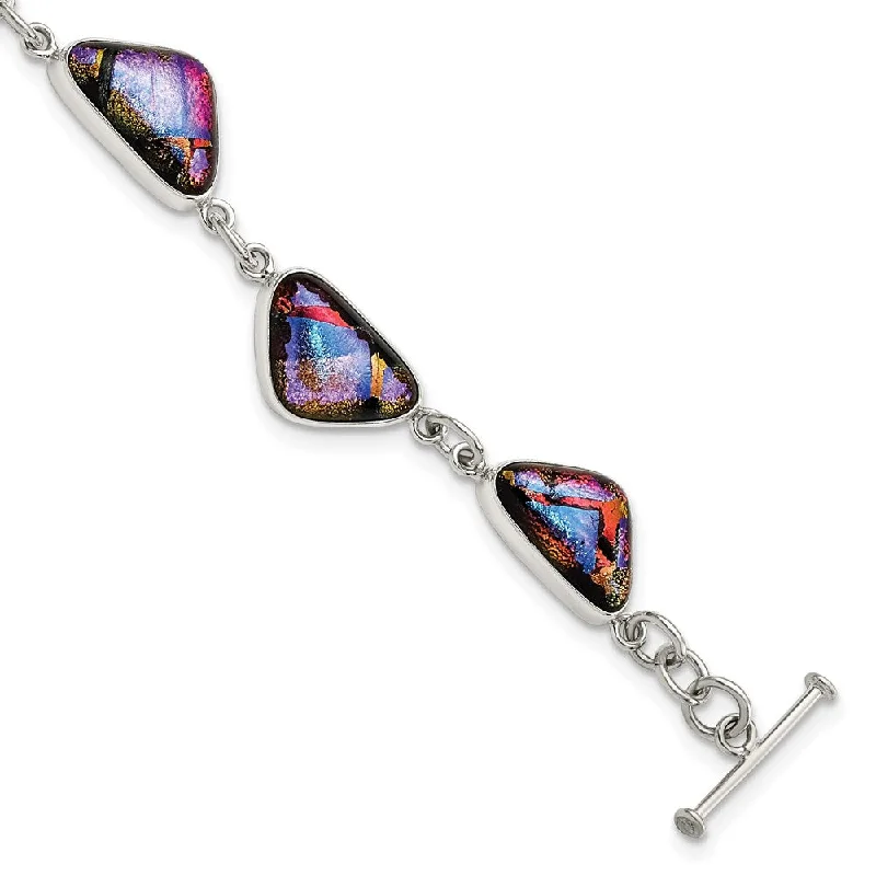 Women’s rose gold bracelets-Sterling Silver Multicolor Triangle Dichroic Glass 9in Toggle Bracelet-WBC-QG2751-9