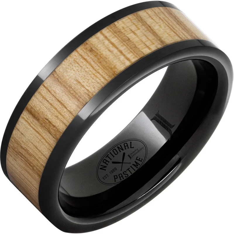 Women’s birthstone rings-Black Diamond Ceramic™ Ring with Vintage White Ash Baseball Bat Wood Inlay