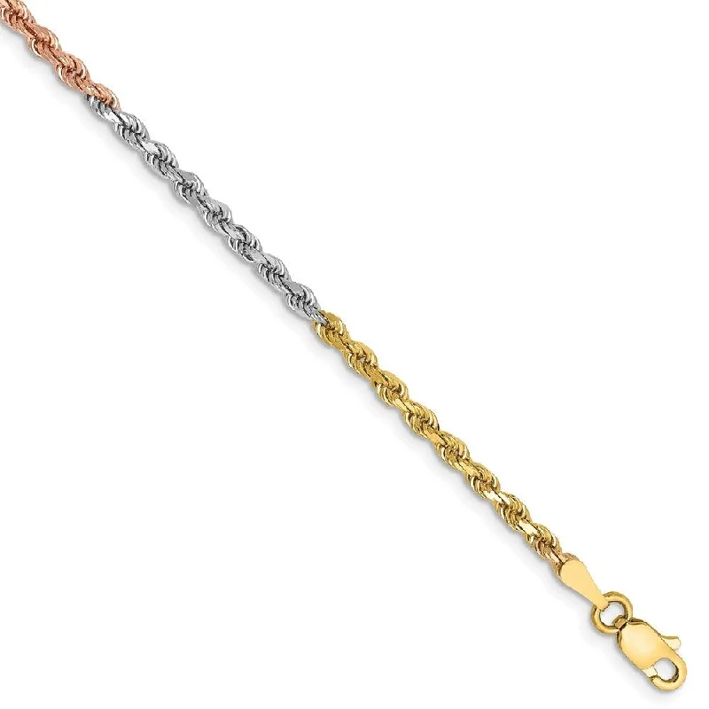 Women’s chain bracelets-14k Tri-color Gold 2.5mm Diamond-Cut Rope Chain Bracelet, 7"