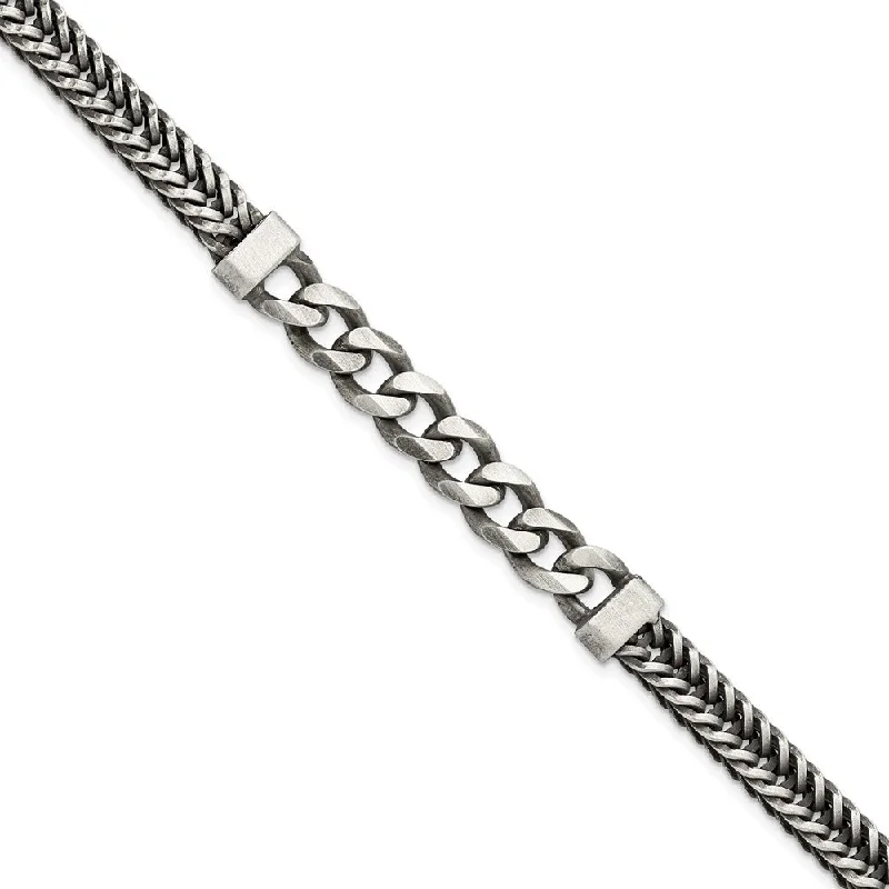 Women’s friendship bracelets-Sterling Silver Brushed Antiqued Wheat & Curb Chain Bracelet-WBC-QG5740-8.5