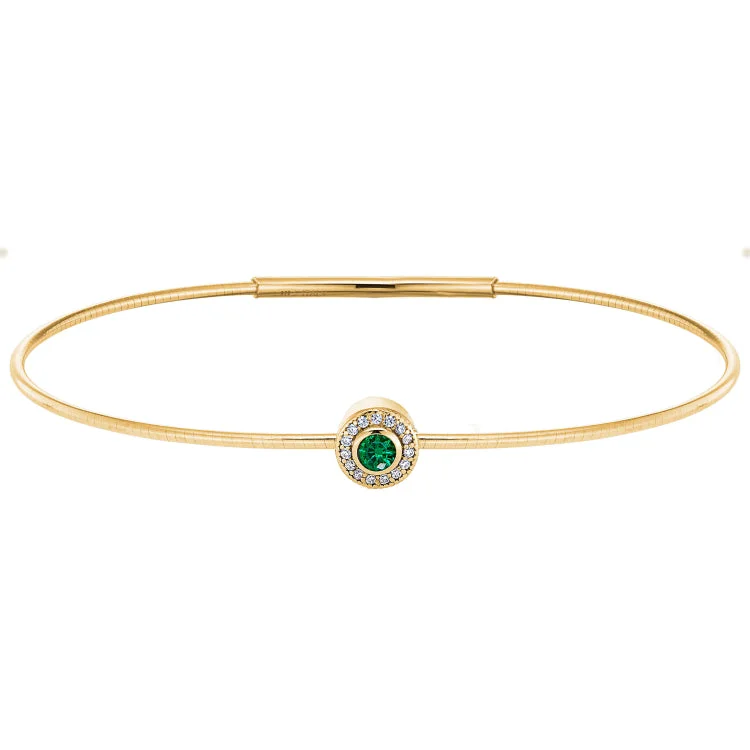 Women’s cuff bangle bracelets-Gold Finish Finish Sterling Silver Round Simulated Emerald Birth Gem Bracelet with Simulated Diamonds