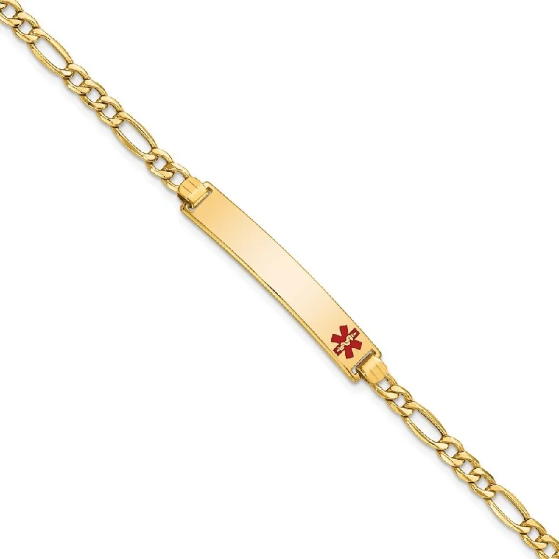 Women’s engraved charm bracelets-14k Yellow Gold 6.5mm Semi-solid Medical Red Enamel Figaro ID Bracelet, 7"