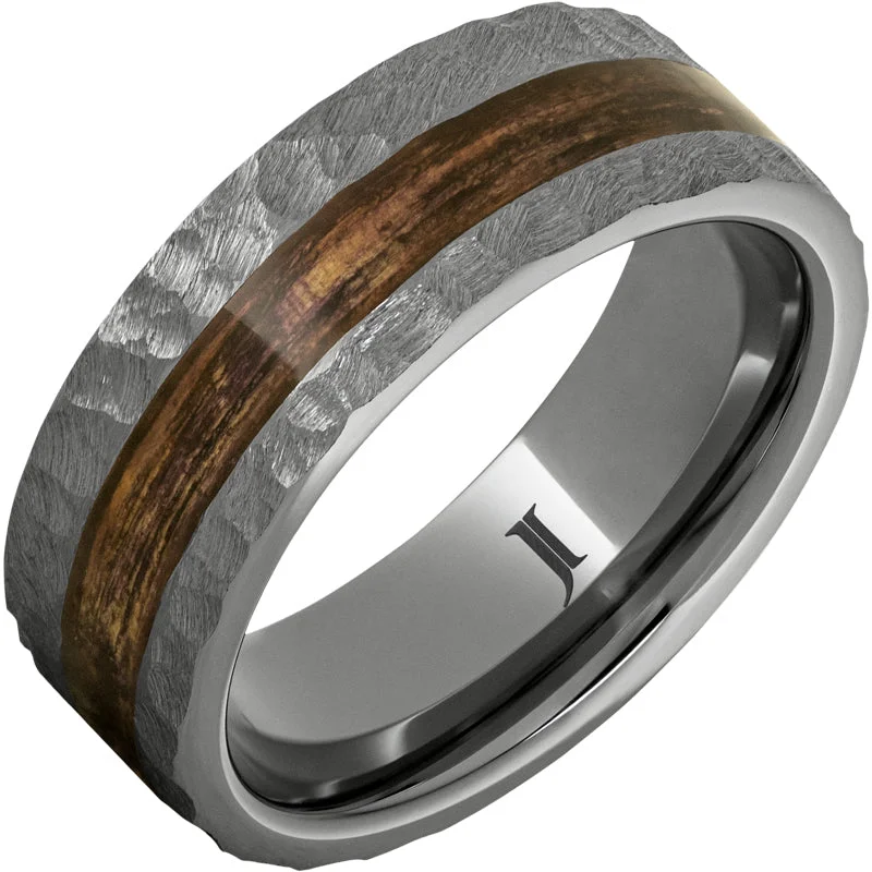 Women’s eternity rings with diamonds-Barrel Aged™ Rugged Tungsten™ Ring with Bourbon Wood Inlay and Moon Crater Carving