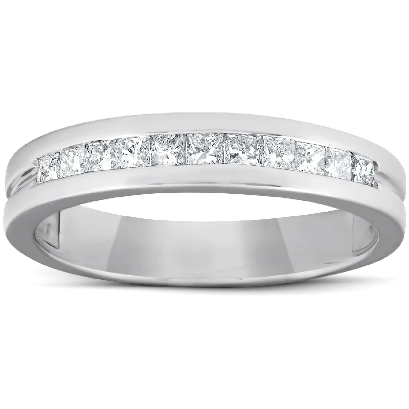 Women’s engagement rings with matching band-1/2ct Princess Cut Diamond Mens Wedding Ring 14K White Gold