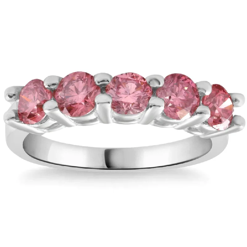 Women’s art deco engagement rings-1Ct TW Five Stone Pink Diamond Wedding Ring Lab Grown Band 14k White Gold