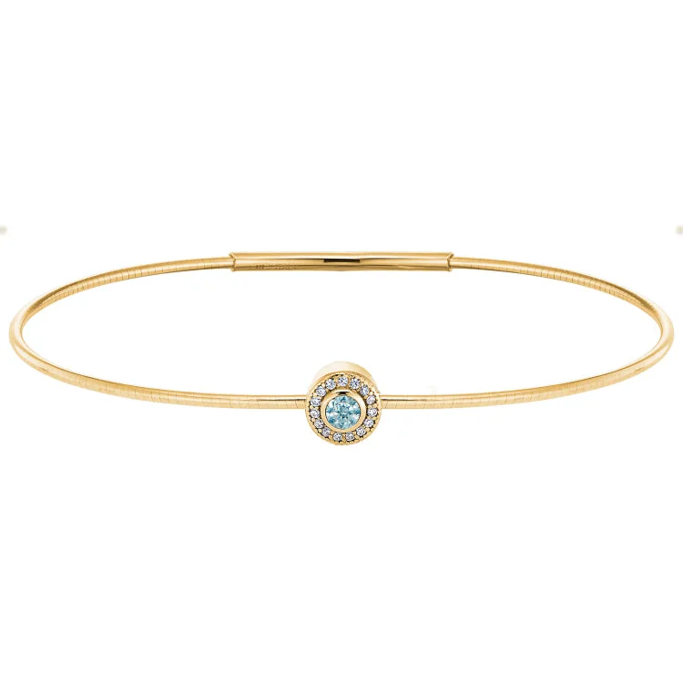 Women’s statement bracelets-Gold Finish Finish Sterling Silver Round Simulated Aquamarine Birth Gem Bracelet with Simulated Diamonds