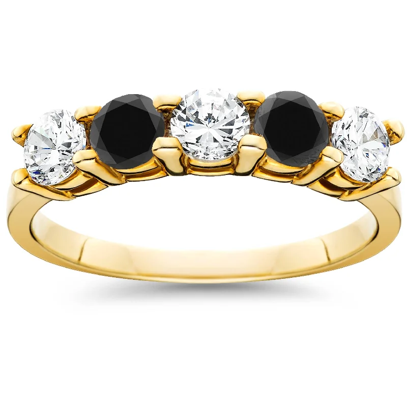 Women’s engagement rings with unique settings-1 1/4CT Black & White Diamond 5 Stone Wedding Ring 10K Yellow Gold