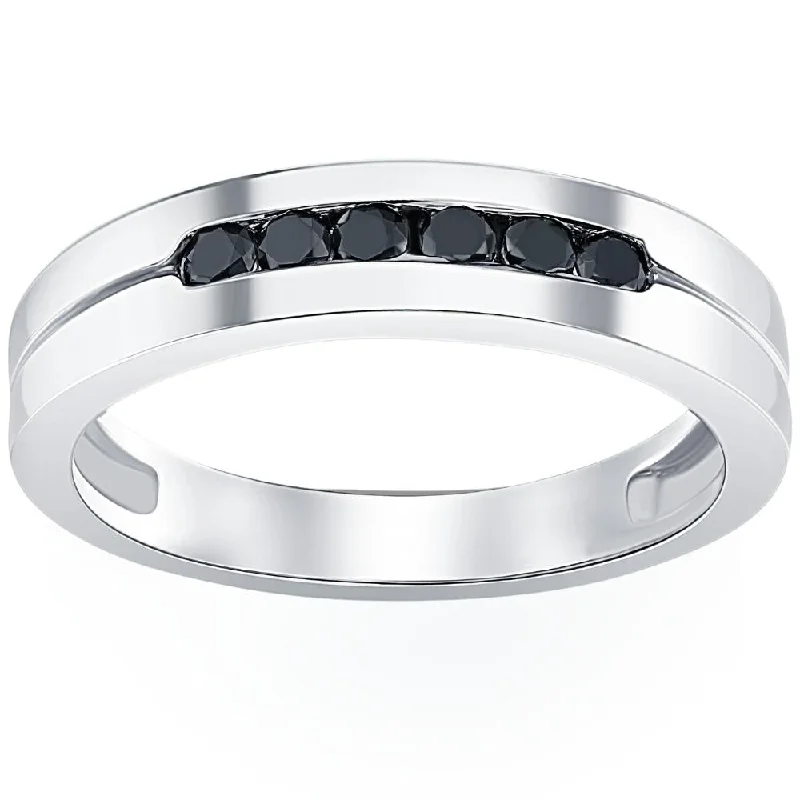 Women’s platinum engagement rings-Mens 14K White Gold Black 1/4ct Diamond Wedding Ring