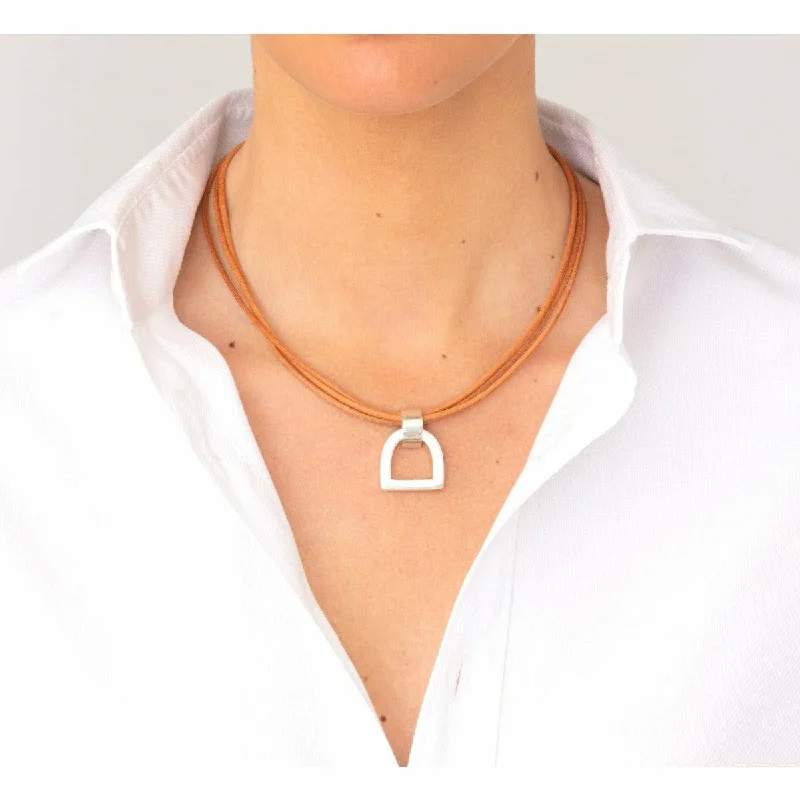 Women’s layered gold necklaces-CXC Horseshoe Geo  Pendant on Leather Cord- Silver- Omega Collection