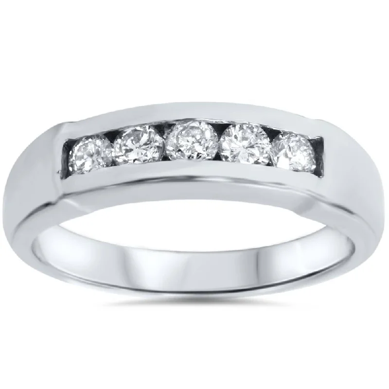 Women’s radiant diamond engagement rings-Mens 1/2ct 14K White Gold Round Diamond Wedding Ring