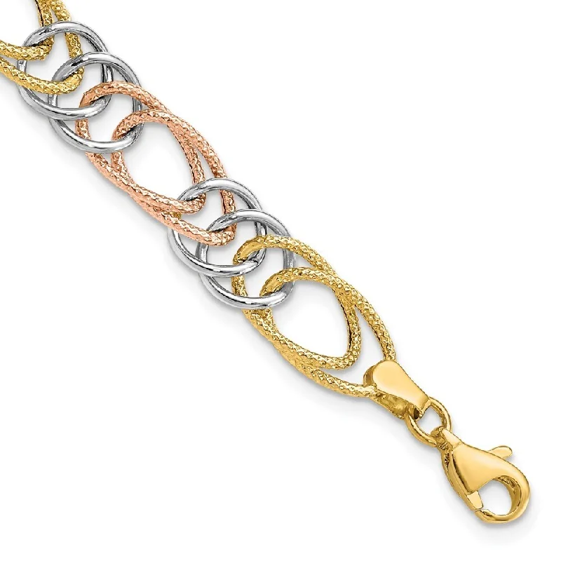 Women’s heart charm bracelets-14k Tri-Color Polished Textured Fancy Double Link Bracelet, 7.25"