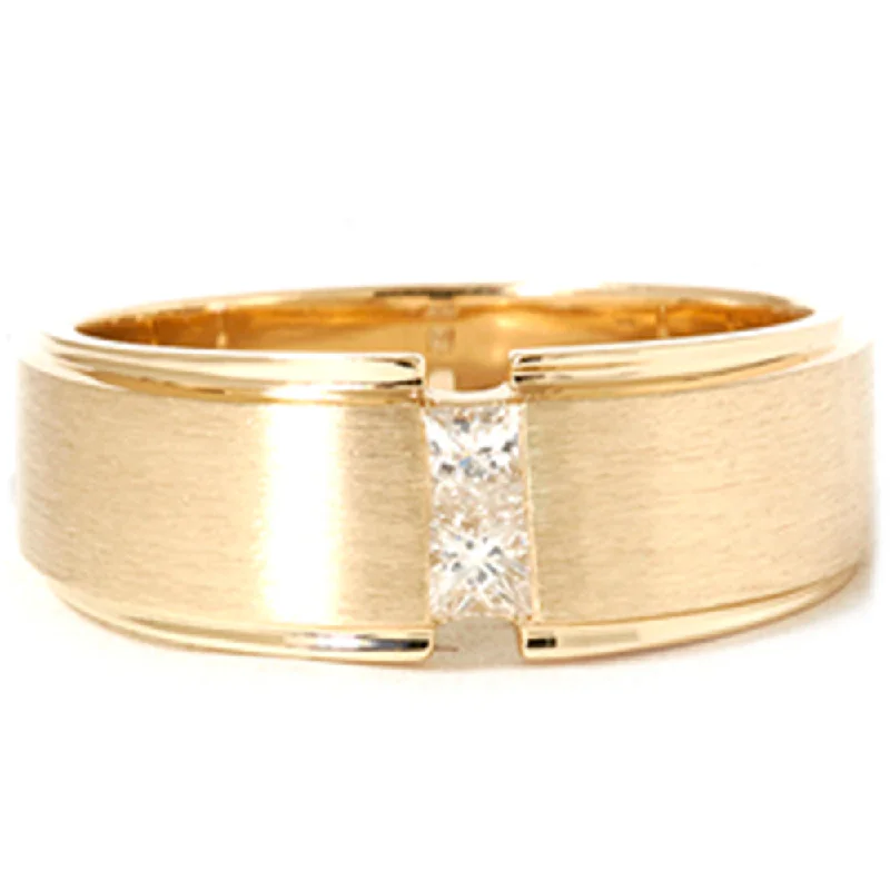 Women’s custom engagement rings-Mens Gold Princess Cut Diamond Brushed Wedding Ring