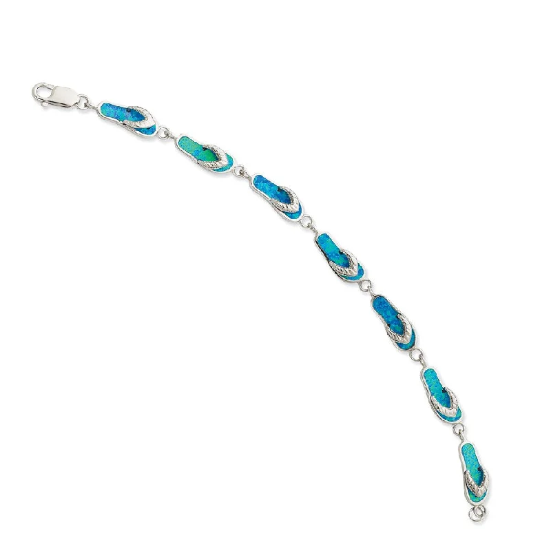 Women’s sterling silver bangles-Sterling Silver 7in Created Blue Opal Inlay Sandal Bracelet-WBC-QG3113-7