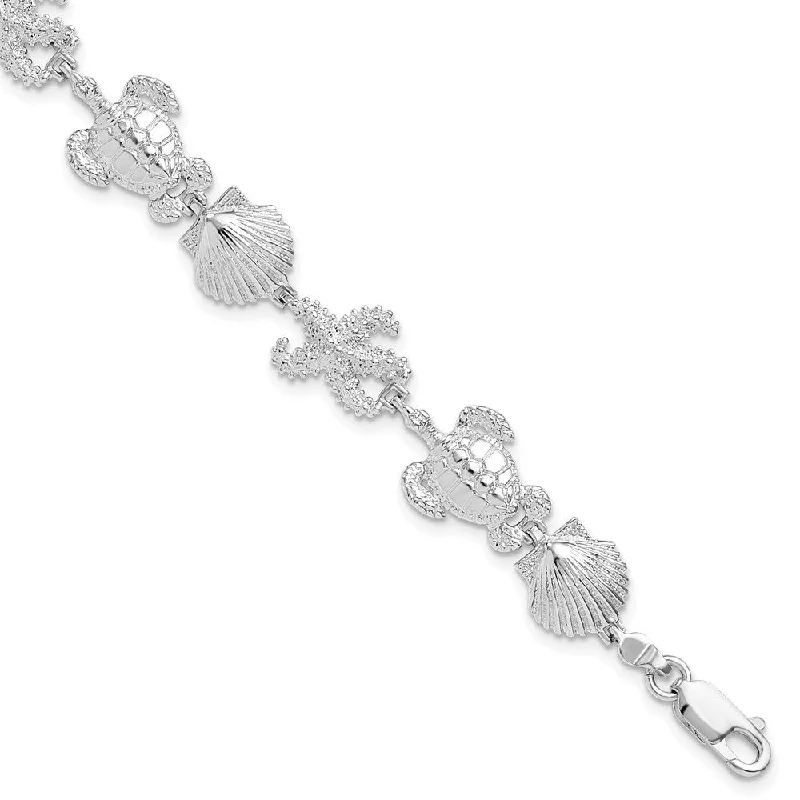 Women’s chunky bracelets-Sterling Silver Polished Turtle,Shell,Starfish Bracelet-WBC-QH5576-7.5