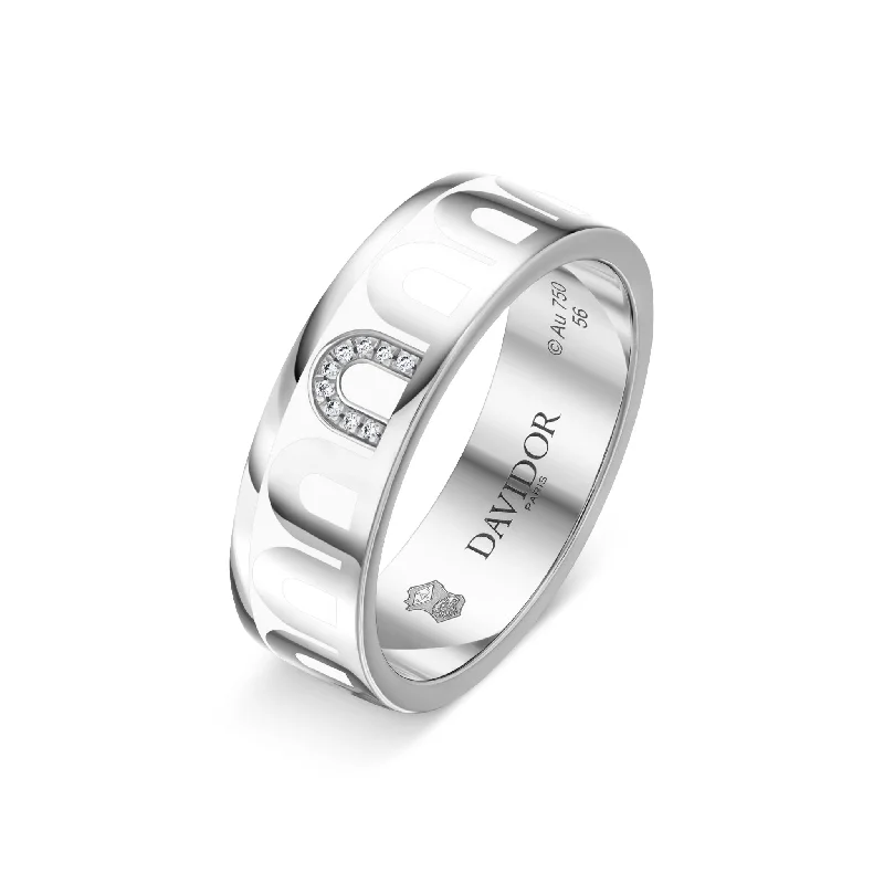 Women’s modern rings-L’Arc de DAVIDOR Ring MM, 18k White Gold with Neige Lacquered Ceramic and Porta Simple Diamonds