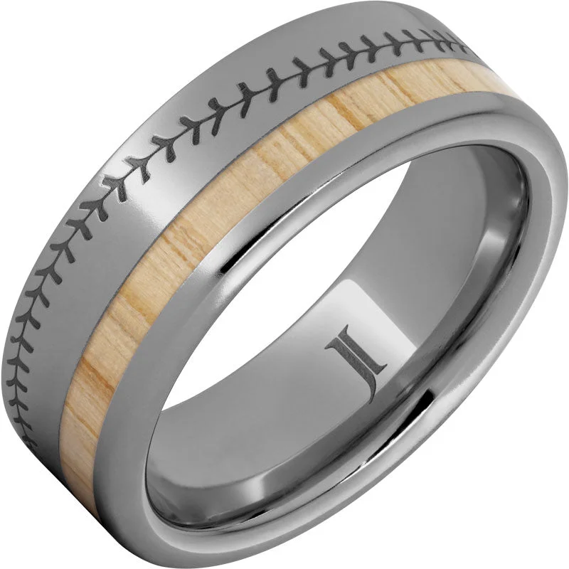 Women’s custom wedding rings-National Pastime Collection™ Rugged Tungsten™ Ring with White Ash Vintage Baseball Bat Wood Inlay and Baseball Stitch Engraving