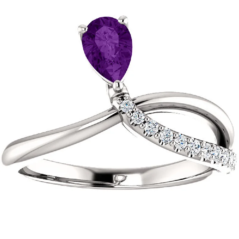 Women’s art deco engagement rings-1/2 Ct Amethyst Pear Shape Unique Diamond Ring 14k White Gold