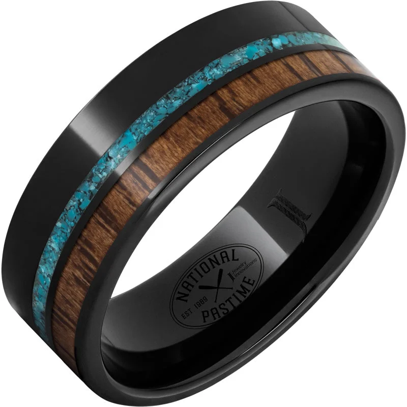 Women’s platinum rings-Black Diamond Ceramic™ Ring with Hickory Vintage Baseball Bat Wood and Turquoise Inlays