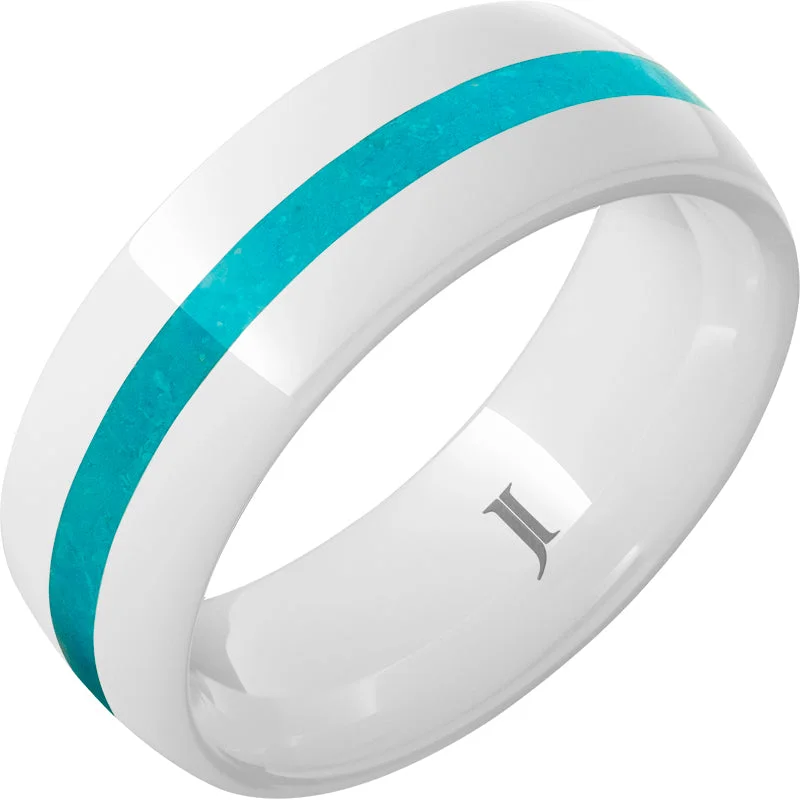 Women’s matching wedding rings-White Ceramic Domed Ring with Turquoise Inlay