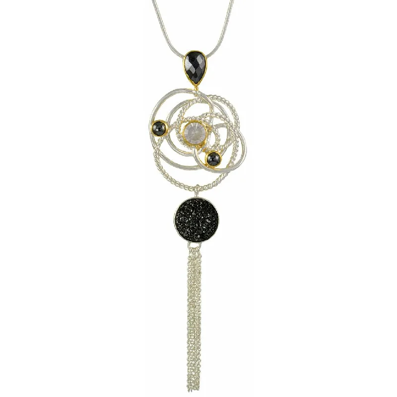 Women’s nature-inspired necklaces-Michou Black Druzy Sterling Silver & Gold Vermeil Tassle Necklace - Orbits Collection