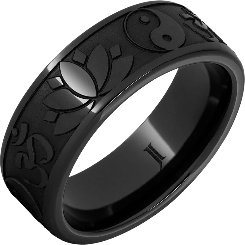 Women’s heart-shaped rings-Black Diamond Ceramic™ Ring with Buddhist Symbols