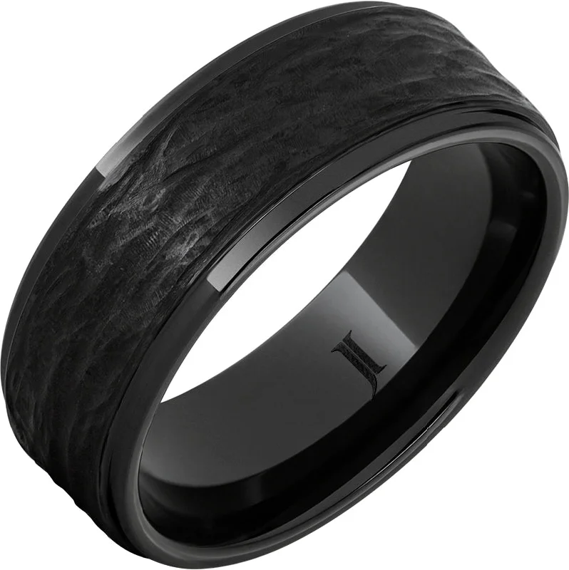 Women’s gold rings-Black Diamond Ceramic™ Ring with Hand Carved Bark Engraving