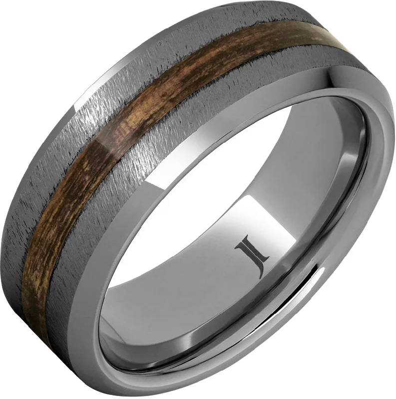 Women’s emerald-cut rings-Barrel Aged™ Rugged Tungsten™ Ring with Bourbon Wood Inlay and Grain Finish