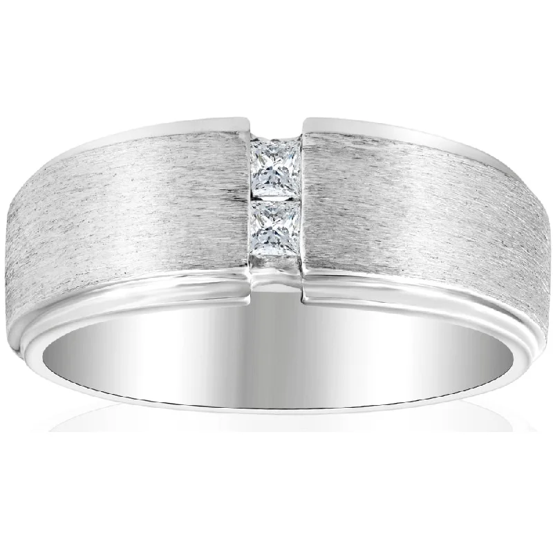 Women’s minimalist engagement rings-Mens 14K White Gold Brushed Princess Cut Diamond Wedding Ring