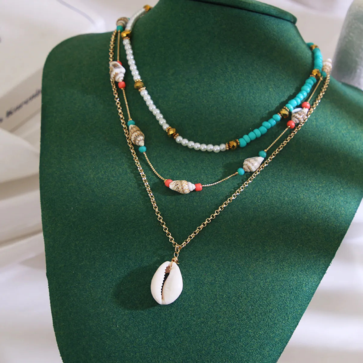 Women’s silver chain necklaces-Bohemian Conch Shell Artificial Pearl Turquoise Metal Plating Women's Layered Necklaces