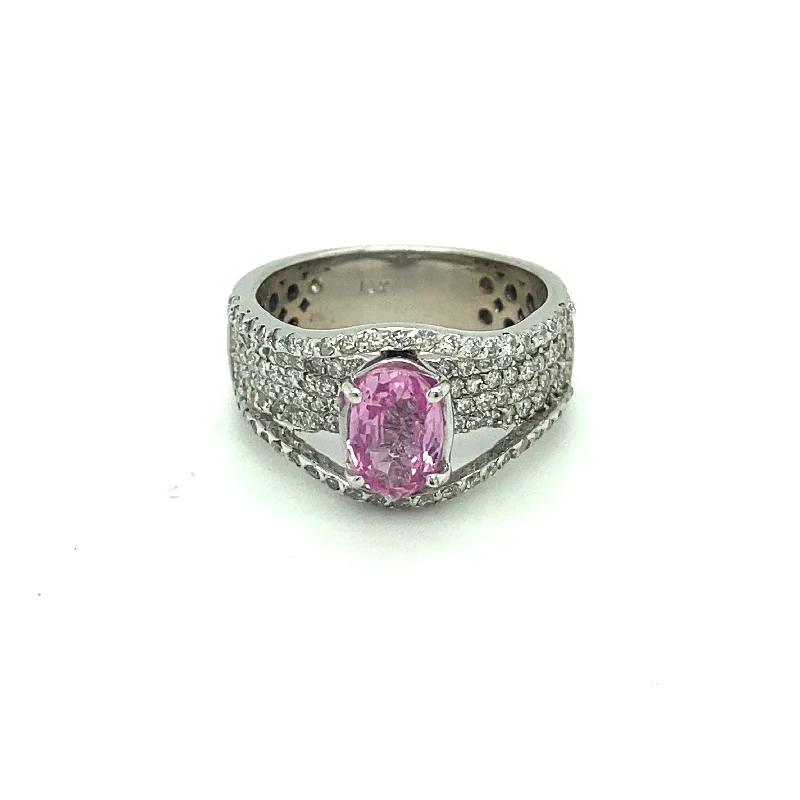 Women’s cocktail gemstone rings-OVAL PINK SAPPHIRE BRIDGE RING