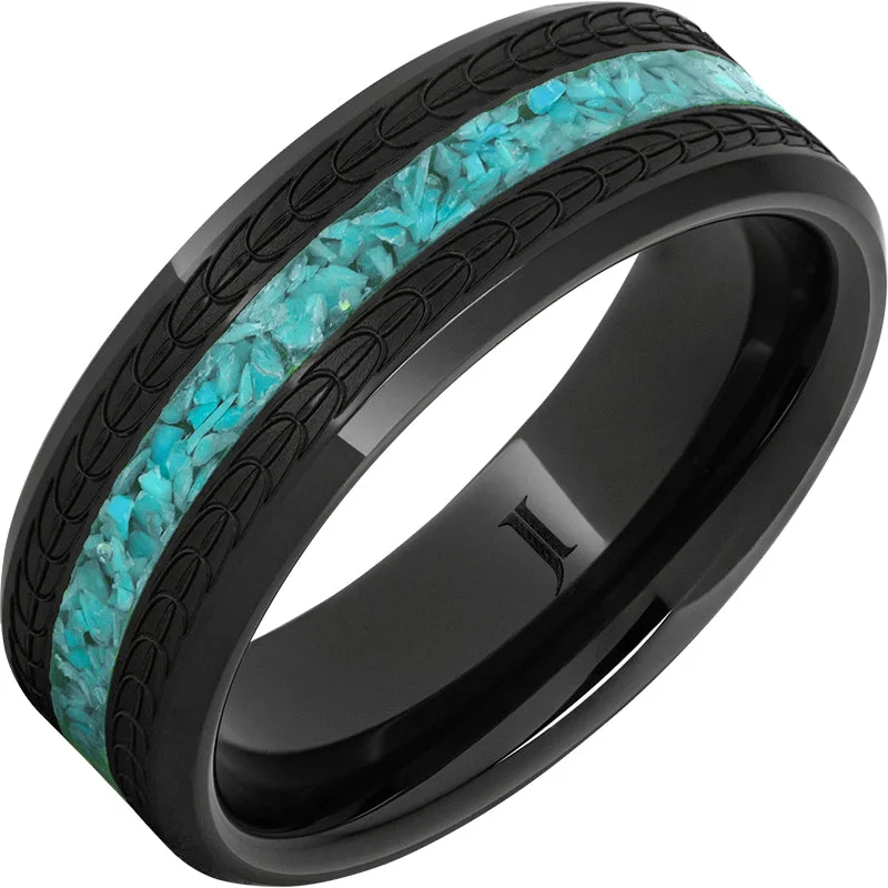 Women’s simple gold rings-Black Diamond Ceramic ™Turquoise Ring with Eagle Feather Engraving